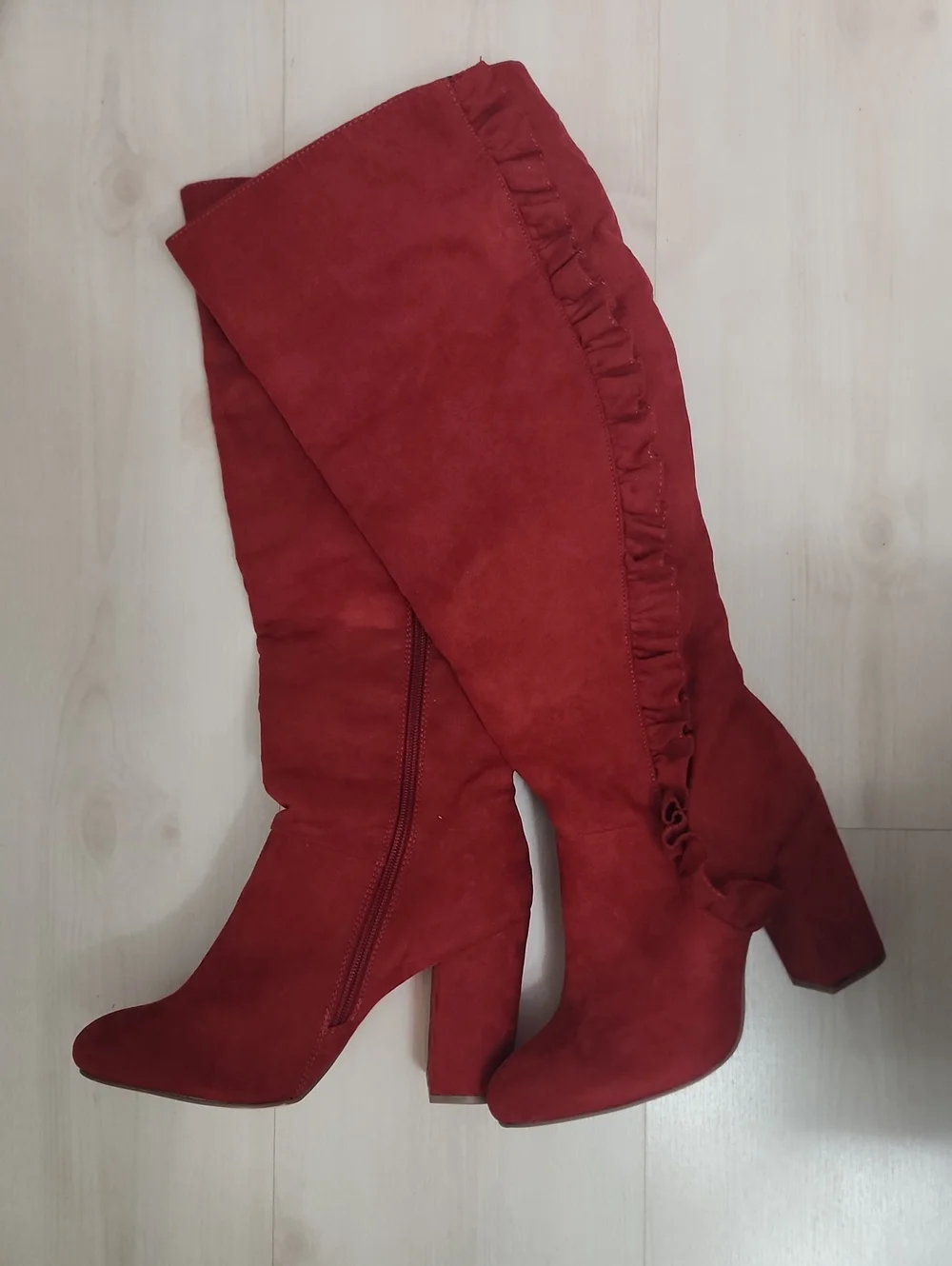 JustFab Red Over-the-Knee Suede Block Heel Boots with Ruffle Detail